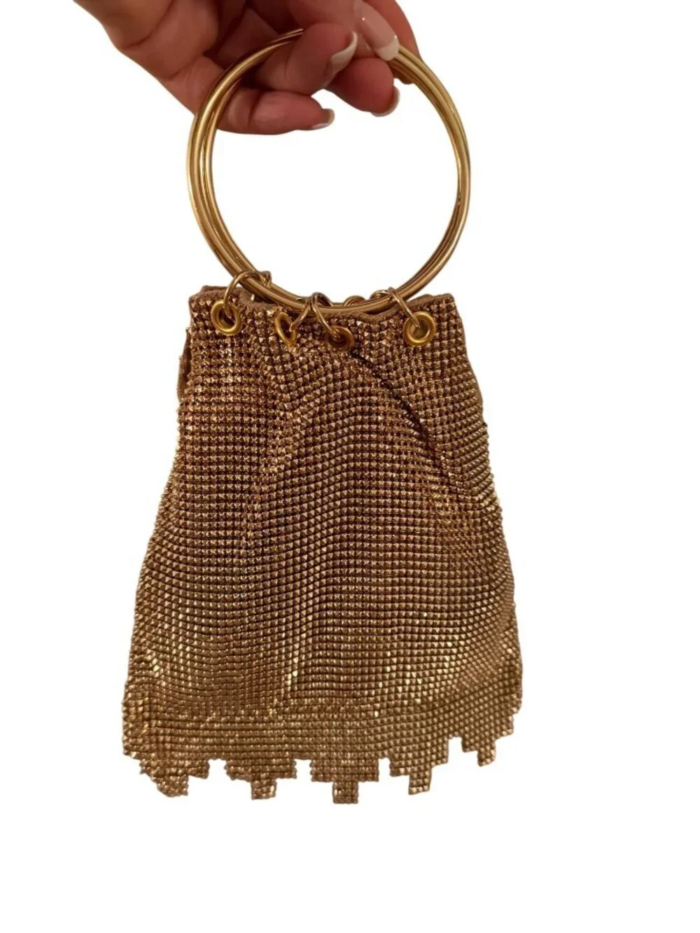 Whiting & Davis Womens Gold Mesh Evening Bag Ring Handles Ruffled Fringe Vintage